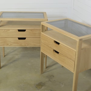 Solid Oak Nightstands with Smoked Glass Top: Mid Century Modern Bedside Tables