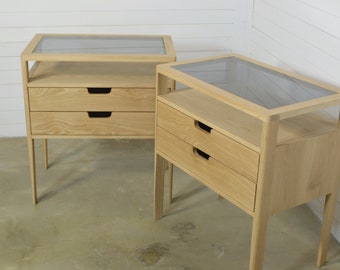 Pair of Nightstands in Solid Oak Wood and Smoked Glass Top, Bedside Table with Two Drawers,  Mid Century Modern Nightstand