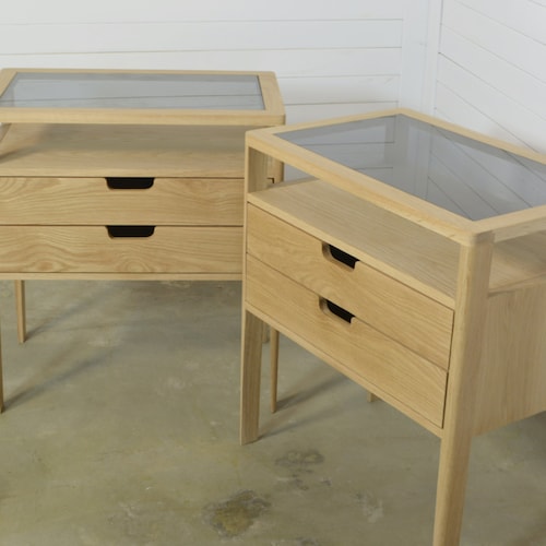 Pair of Nightstands in Solid Oak Wood and Smoked Glass Top Etsy