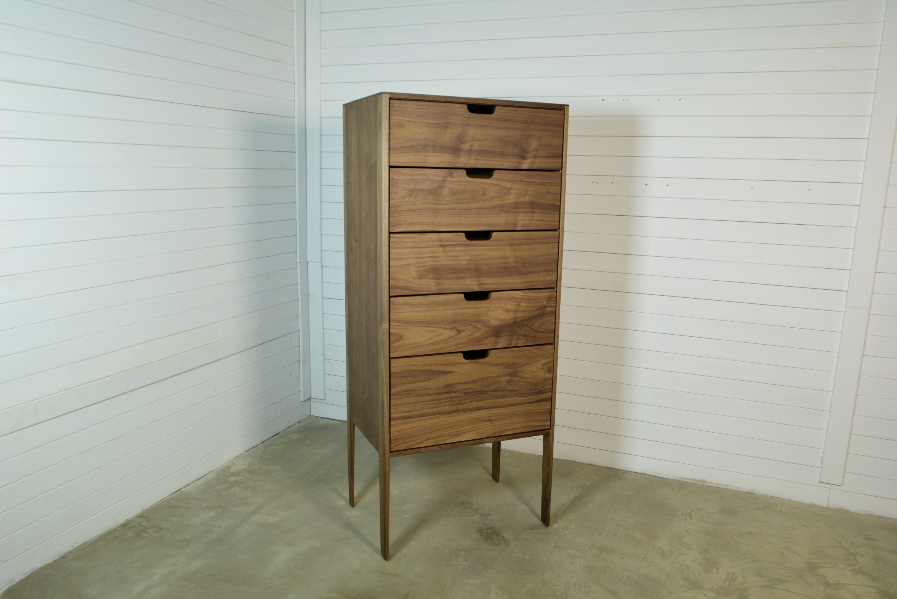 Tall Dresser in Walnut Wood Mid Century Modern Dresser Chest of