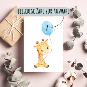 Postkarte Personalisiert Giraffe mit Ballon Geburtstag Geburtstagskarte Niedlich Matt