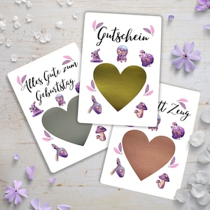 Gutschein Rubbelkarte Kinder Geschenkkarte Geburtstagskarte Personalisiert  Zeit statt Zeug , Herz, Hexe, Pink, Mystisch Postkarte DIY