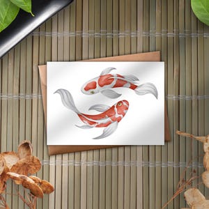 Postkarte Koi Karpfen Fische Ying Yang Japanisch Rot Weiß Matt Wasserfarben Optik