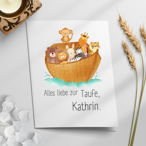 Kaart voor doopsel aanpasbare vouwkaart ark / aquarel / doopkaart / wenskaart / doopcadeau Gepersonaliseerde schattige dieren briefkaart