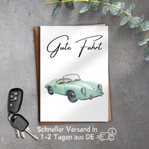 Postkarte Gute Fahrt , Führerschein , bestandene Prüfung, Neues Auto Türkis Wasserfarben Optik Matt