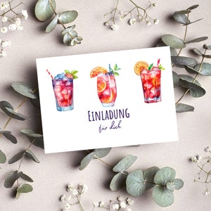 Postkarte Einladung Cocktails Cocktailparty Party Wasserfarben Optik Matt