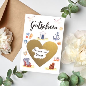 Gutschein Rubbelkarte Geschenkkarte Geburtstagskarte Personalisiert Urlaub Strand Herz Bronze Silber Gold Postkarte DIY