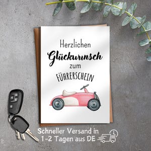 Postkarte Glückwunsch zum Führerschein , bestandene Prüfung, Rot Wasserfarben Optik Matt