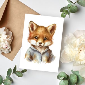 Postkarte Fuchs mit Polohemd Wasserfarben Optik Matt