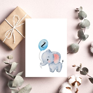 Postkarte Elefant mit Ballon 2. Geburtstag Geburtstagskarte Niedlich Wasserfarben Optik Matt