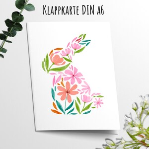 Klappkarte Grußkarte Ostern Hase aus Blumen und Blüten Bunt Wasserfarben Optik