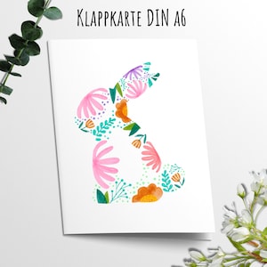 Klappkarte Grußkarte Ostern Hase aus Blumen und Blüten Bunt Wasserfarben Optik