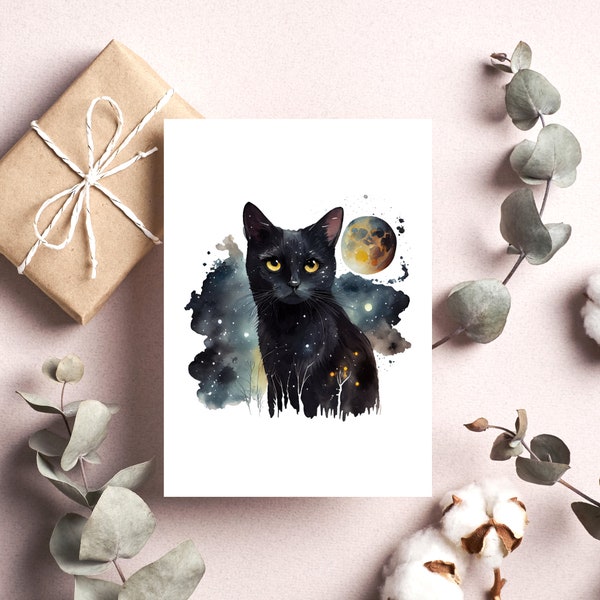 Postkarte Schwarze Katze Mond Mystisch Wasserfarben Optik Matt