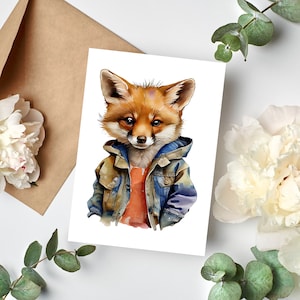 Postkarte Fuchs mit Jacke Wasserfarben Optik Matt