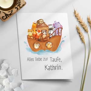 Kaart voor doopsel aanpasbare vouwkaart ark / aquarel / doopkaart / wenskaart / doopcadeau Gepersonaliseerde schattige dieren briefkaart