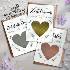 Gutschein Rubbelkarte Geschenkkarte Geburtstagskarte Personalisiert Zeit für Uns , Zeit statt Zeug , Herz Roségold Silber Gold Postkarte DIY