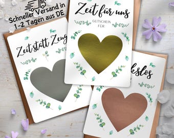 Gutschein Rubbelkarte Geschenkkarte Geburtstagskarte Personalisiert Zeit für Uns , Zeit statt Zeug , Herz Roségold Silber Gold Postkarte DIY