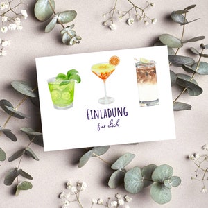 Postkarte Einladung Cocktails Cocktailparty Party Wasserfarben Optik Matt