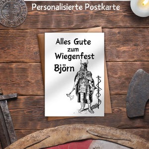 Personalisierte Postkarte Wiegenfest Geburtstag Wikinger Viking Mittelalter mit Kraftpapierumschlag