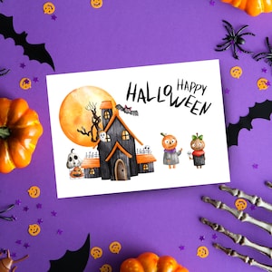 Postkarte Happy Halloween Süßes oder Saures Wasserfarben Optik Matt