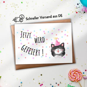 Postkarte Geburtstag Einladung Katze Party Kindergeburtstag "jetzt wird gefeiert" Wasserfarben Optik Matt mit Kraftpapierumschlag