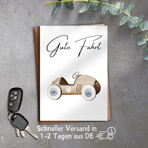 Postkarte Gute Fahrt , Führerschein , bestandene Prüfung, Neues Auto, Personalisiert Wasserfarben Optik Matt