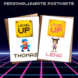 Personalisierte Postkarte Gaming Retro Geburtstag Level Up Gamer Zocken mit Kraftpapierumschlag