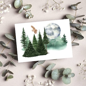 Postkarte Wald Eule Natur Mond Wasserfarben Optik Matt