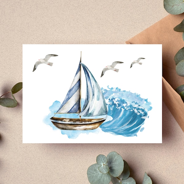 Postkarte Segeln Segelboot Meer Möwe Wasserfarben Optik Matt