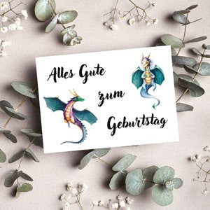 Postkarte Drachen Geburtstag verschiedene Farben Fantasy Alles Gute zum Geburtstag Wasserfarben Optik Matt