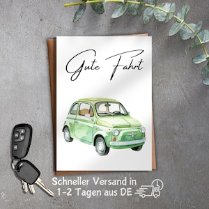 Postkarte Gute Fahrt , Führerschein , bestandene Prüfung, Neues Auto, personalisiert Wasserfarben Optik Matt