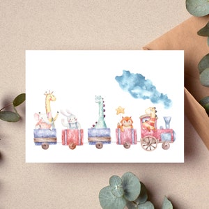 Postkarte Geburtstag Zug mit Tieren Giraffe Dino Kindergeburtstag Einladung Wasserfarben Optik Matt