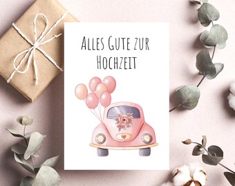 Postkarte Hochzeit Auto Ballons Glückwunschkarte Wasserfarben Optik Matt