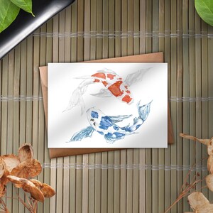 Postkarte Koi Karpfen Fische Ying Yang Japanisch Rot Blau Weiß Matt Wasserfarben Optik