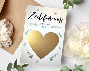 Gutschein Rubbelkarte Geschenkkarte Geburtstagskarte Personalisiert Zeit für Uns Herz Roségold Silber Gold Postkarte DIY