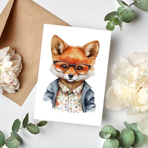 Postkarte Fuchs mit Polohemd und Brille Wasserfarben Optik Matt