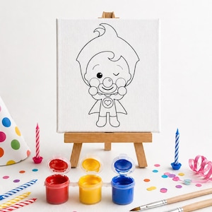 Puede incluir: Un juego de lienzo para pintar para niños con un personaje de dibujos animados en un pequeño caballete de madera. El juego incluye botes de pintura roja, amarilla y azul, pinceles, velas y confeti, perfecto para una fiesta de cumpleaños o actividad creativa.