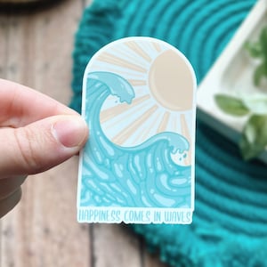 Happiness Comes in Waves Sticker: Ocean Surfing Vinyl Decal