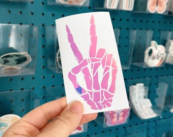 Skeleton Peace Sign Decal: Weather-Resistant Car Sticker