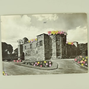 Floral Splendor: Vintage Hand-Embroidered Postcard of Colchester and Essex Museum One of a Kind Gift 1960s black and white english history