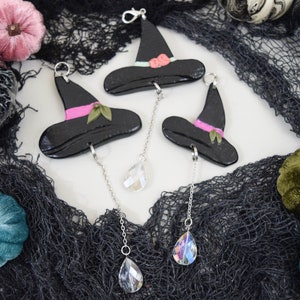 Enchanting Elegance: Handmade Polymer Clay Witch&#39;s Hat Suncatcher Wall Hanging Handmade prism crystal hung by silver chain & clip Indoor Use