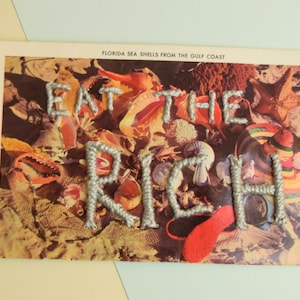 Coastal Florida Nostalgia: Vintage Seashell Postcard with Embroidered MessageOne of a Kind Gift 1960s Beach decor shells