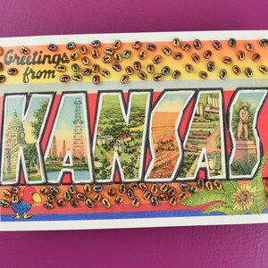 Greetings from Kansas - Maximalist Beaded Vintage Reproduction Postcard one of a kind gift