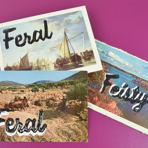 Hand Carved Block Print Stamp on Vintage Postcards | Feisty, Feral, Vintage Americana, Travel, countryside, boats, black and white small art