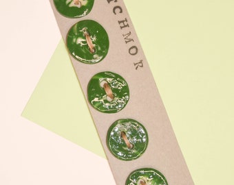 Handmade Large Evergreen Green Round 5/8 Inch Glazed Polymer Clay Buttons! Card of 5 Christmas Holiday Buttons