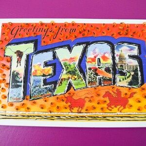 Greetings from Texas - Maximalist Beaded Vintage Reproduction Postcard embroidery, beading maximalist gift