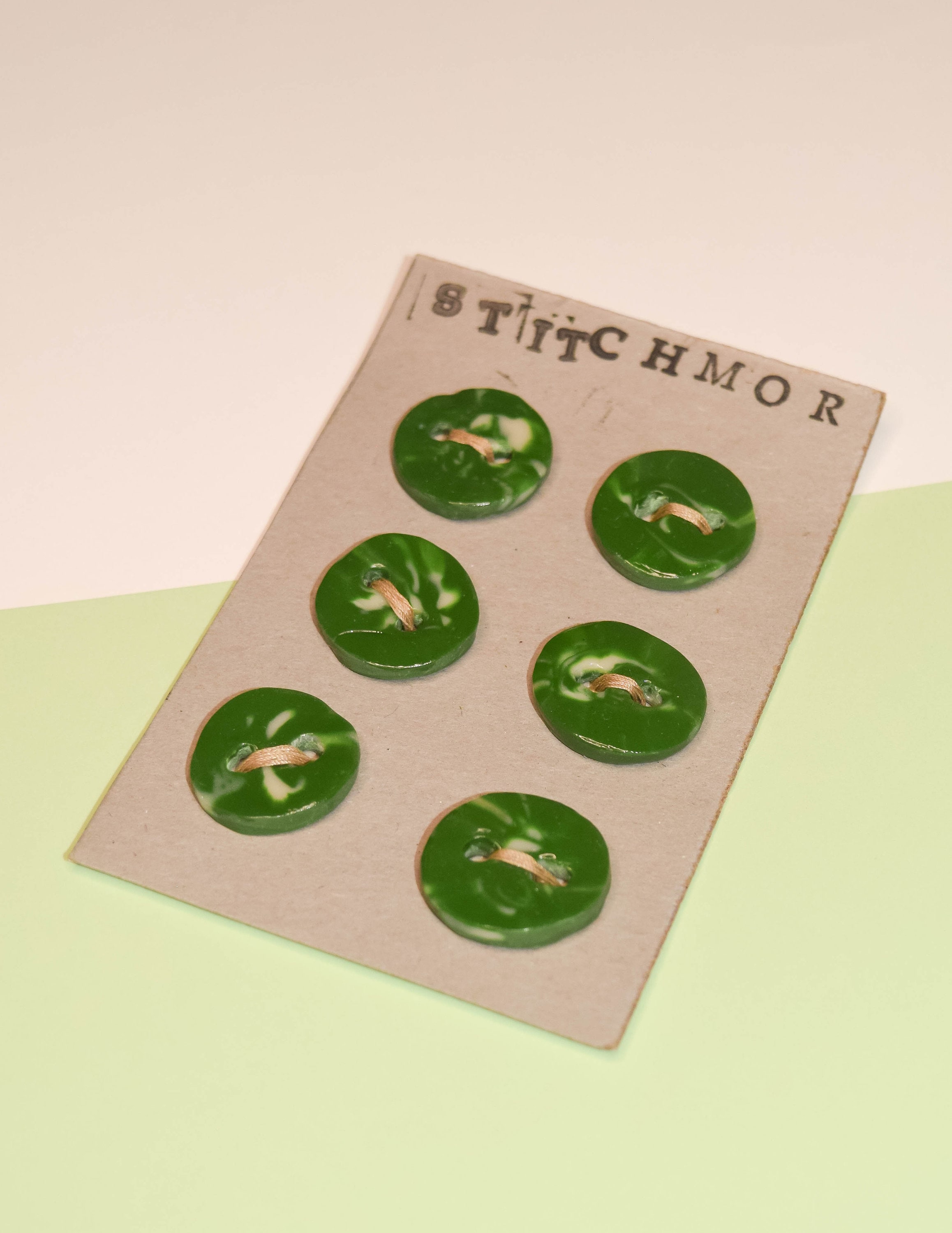 Handmade Large Evergreen Green Round 5/8 Inch Glazed Polymer Clay Buttons! Card of 6 Christmas Holiday Buttons