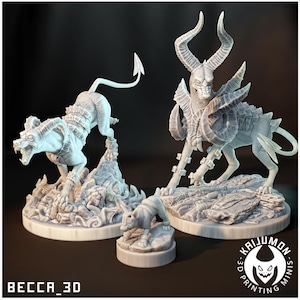 May include: Three detailed, light-colored fantasy creature figurines. One is a dog-like creature leaping from a rocky base, another is a horned beast with armor, and a third is a small dog-like creature. The text "BECCA_3D" is at the bottom.