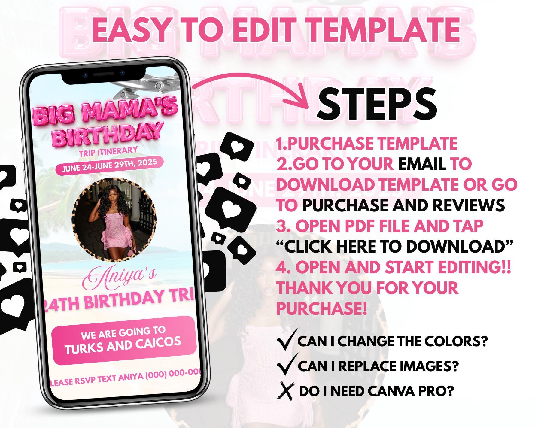 みーページ♡ Pink Cheetah Editable Birthday Weekend Invitation Digital