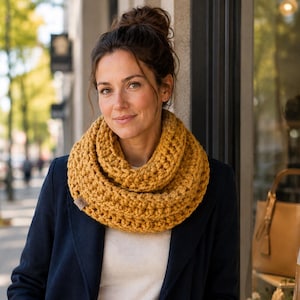 Chunky Mustard Knit Infinity Scarf: Double Loop Wool Blend Cowl
